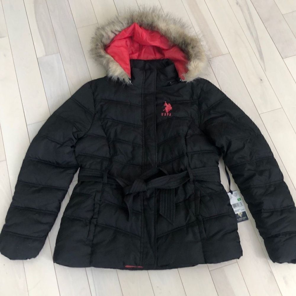 U.S. POLO ASSN. Women's Faux Fur Quilted Puffer With Hoodie Jacket Black Large